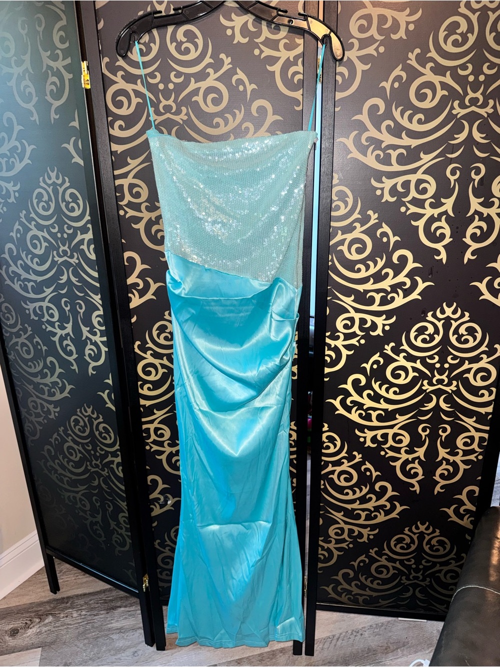 Fashion Nova Light Blue Sequin Bodice Satin Prom Gown
